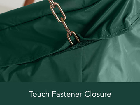 Close-up of touch fastener closure on Weatherproof Outdoor Swing Cover With Tough As Nails Vinyl And Polyester Lining, Green.