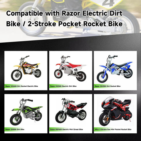 Image showing various Razor electric and gas dirt bikes for Beefed Up 25H Roller Chain compatibility.