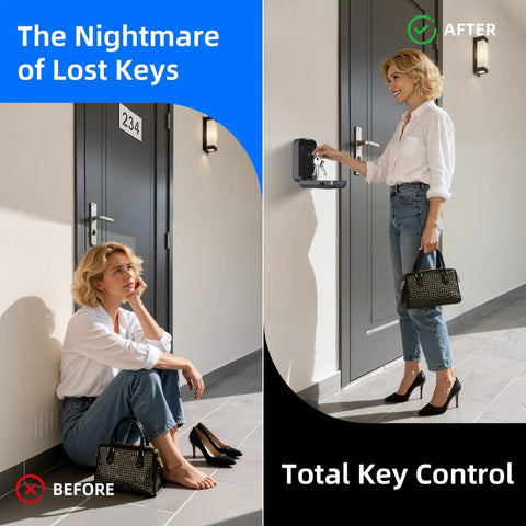 Super Slick Smart Lock Box With Fingerprint Scanner And Tuya App Sync wall mounted key safe for hassle free access near door.