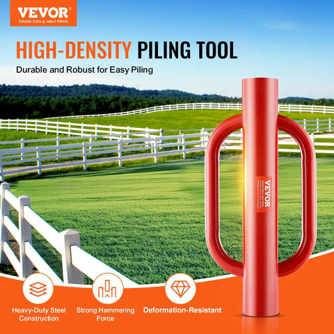 Fence Post Driver And Pounder With Ergonomic Handles, 22Lb Heavy Duty Workhorse Carbon Steel Post Rammer, 4.11 Inch Inner Diameter For U Channel, Sign Poles, Wooden Posts, Red shown against a white fence backdrop
