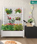 Raised Garden Bed On Wheels With Trellis For Climbing Plants, Weatherproof Resin Planter Box, Elevated Outdoor Garden Bed