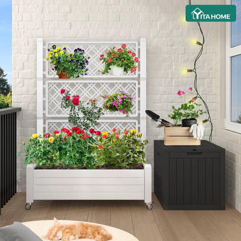 Raised Garden Bed On Wheels With Trellis For Climbing Plants, Weatherproof Resin Planter Box, Elevated Outdoor Garden Bed
