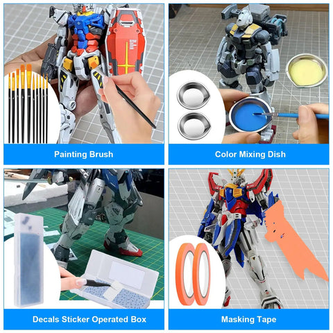 192 Piece Model Tool Kit For Figure And Vehicle Models with painting brush, color mixing dish, decals box, and masking tape