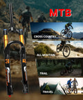Front MTB Fork With 140mm Travel, 34mm Stanchions, Rebound Adjust And Lockout shown with biking scenes