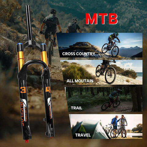 Front MTB Fork With 140mm Travel, 34mm Stanchions, Rebound Adjust And Lockout shown with biking scenes