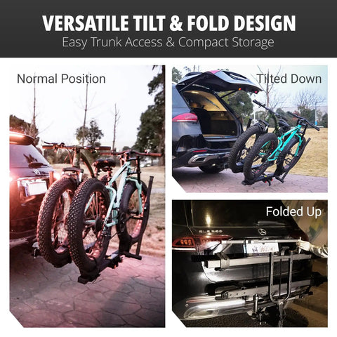 Hitch Mounted Ebike Rack For Two With 46 Inch Ramp Tilt Fold Design Anti Theft Locks And Wheel Locks 170 Lb Capacity Fits 2 Inch Receiver on SUV