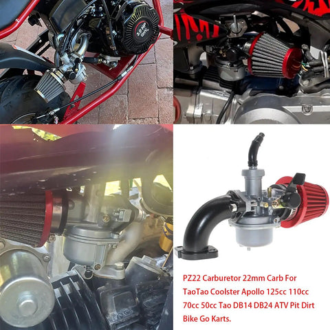22mm PZ22 carburetor installed on various ATVs and dirt bikes, showcasing fit and design for SSR 125cc 110cc TaoTao DB14 DB24 models.