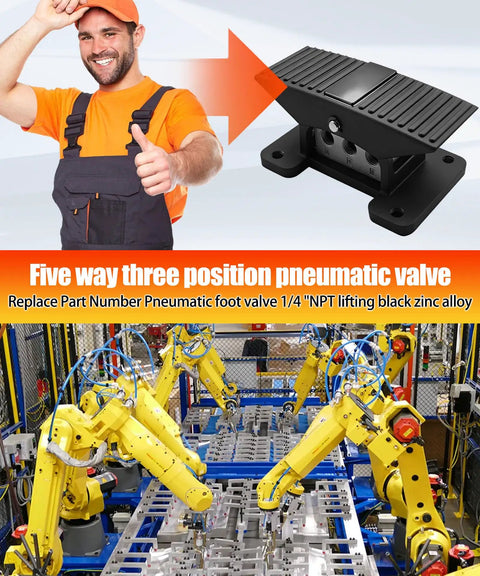 Five Way Three Position Pneumatic Foot Valve with 1/4 Inch NPT Rubber Nonslip Pedal for Industrial Air Systems in factory setting