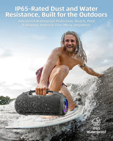 Man surfing with 200W Peak Portable Bluetooth Speaker With Deep Bass That Hits Different, IP65 Waterproof, next to him