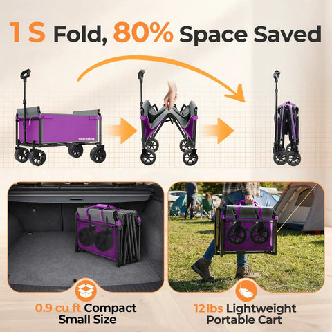 Lightweight Foldable Wagon Cart With Removable Side for groceries, shown folded in a trunk and being carried, in purple.