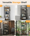 Versatile Heavy Duty Five Tier Bookshelf With Thick Wood Panels And Steel Frame in kitchen, bathroom, garage, and greenhouse settings.