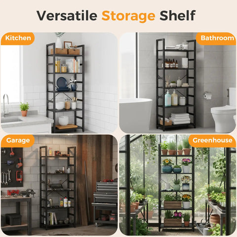 Versatile Heavy Duty Five Tier Bookshelf With Thick Wood Panels And Steel Frame in kitchen, bathroom, garage, and greenhouse settings.