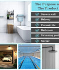 Image showing a bathroom with a standalone tub, a black shelf, and text listing uses: shower wall, balcony, ceramic tile, bathroom, swimming pool, garage.