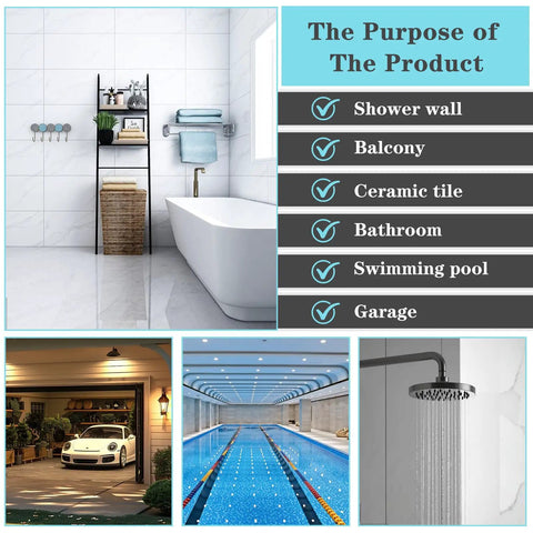 Image showing a bathroom with a standalone tub, a black shelf, and text listing uses: shower wall, balcony, ceramic tile, bathroom, swimming pool, garage.