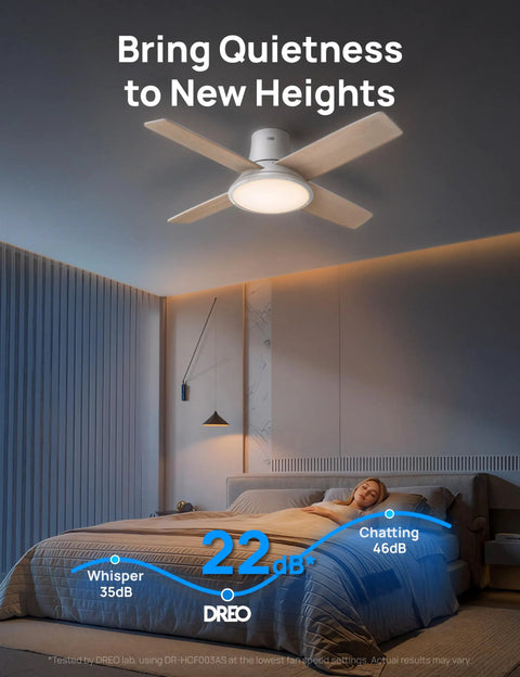 44 Inch Flush Mount Ceiling Fan With Bright Lights, Smart App And Remote Control, Slick Rgbic Mood Lighting, Solid Performance For Ultimate Chill Vibe And Total Room Refresh, installed in a serene bedroom setting.