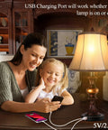 Two Pack Touch Control Traditional Table Lamps With Dual USB Ports, 3 Way Dimmable Bronze Finish Bell Shade in living room setting.
