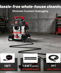 Heavy Duty Eight Gallon Wet And Dry Shop Vacuum With Badass Four Point Five Peak Horsepower Motor and corrosion-proof stainless steel tank in a garage.