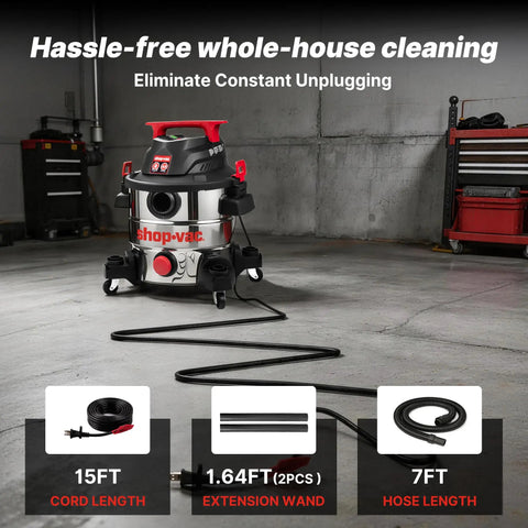 Heavy Duty Eight Gallon Wet And Dry Shop Vacuum With Badass Four Point Five Peak Horsepower Motor and corrosion-proof stainless steel tank in a garage.