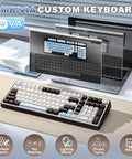 Clean 96 Percent Layout Wireless Mechanical Keyboard With Hot Swappable Switches And Playful Cat Metal Knobs Dedicated Number Pad For Slick Typing And Sweet Gaming Sessions In A Dope Coffee Brown Finish on desk with QMK/VIA customization display.