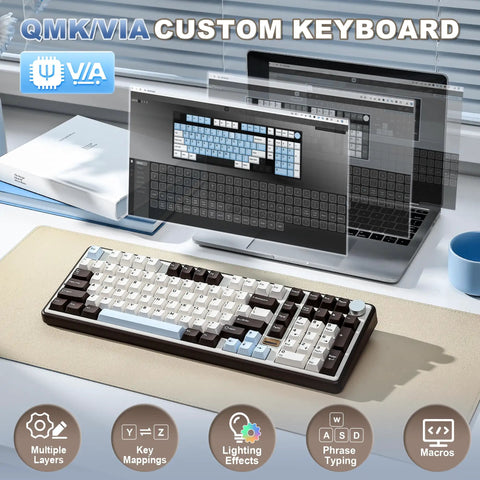 Clean 96 Percent Layout Wireless Mechanical Keyboard With Hot Swappable Switches And Playful Cat Metal Knobs Dedicated Number Pad For Slick Typing And Sweet Gaming Sessions In A Dope Coffee Brown Finish on desk with QMK/VIA customization display.