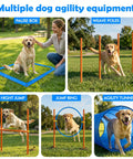 Dog Agility Course Backyard Set For Training And Totally Fun, Easy Setup Obstacle Kit with dog in pause box and weave poles