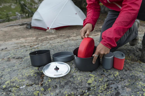 Ultralight Two Person Backpacking Camping Cook Set With 1.5L And 2.5L Hard Anodized Nonstick Pots Strainer Lid And Two Deep Dish Plates