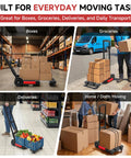 Heavy Duty Folding Hand Truck And Portable Utility Cart With 220 Pound Capacity used for boxes and groceries in various settings.