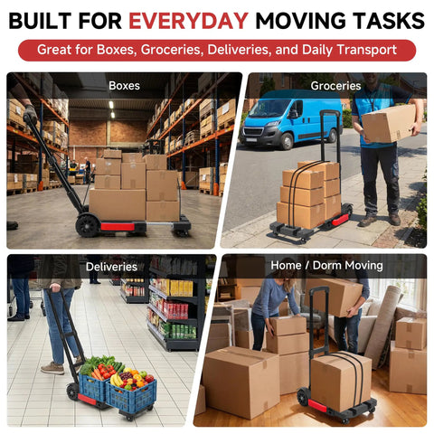 Heavy Duty Folding Hand Truck And Portable Utility Cart With 220 Pound Capacity used for boxes and groceries in various settings.