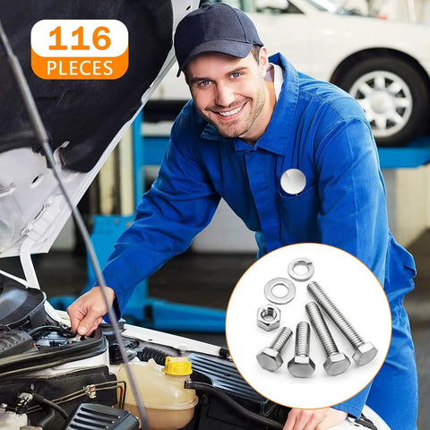 Mechanic using Heavy Duty 116Pcs Metric Bolt Set M6 M8 M10 In 304 Stainless Steel With Nuts And Bolts, Flat And Spring Washers, Hex Head Cap Screws, Fully Threaded