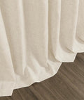 Close-up of Birch Beige Linen Curtains 84 Inches Long Light Filtering Semi Sheer Back Tab Drapes grazing hardwood floor.