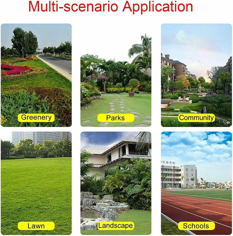 Collage of different outdoor settings labeled Greenery, Parks, Community, Lawn, Landscape, Schools for multi-scenario applications