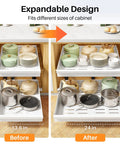 Make Kitchen Storage A Cinch With This Expandable Pull Out Organizer Featuring Full Extension Roll Out Slides and Raised Pads for Framed Units Organize Pots Slick and No Sweat, shown in before and after expansion to 24 inches.
