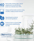 AllergyResearchGroup natural supplements with NSF certification and rosemary in laboratory glassware.