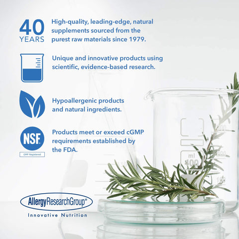 AllergyResearchGroup natural supplements with NSF certification and rosemary in laboratory glassware.