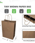 Super Handy Small Brown Kraft Paper Bags With Handles In A Bulk 500 Pack Made From Recycled Eco Friendly Material Perfect For Shopping Gifts Parties Merchandise Lunch Groceries And More Sized 8 By 4.5 By 10.25 Inches shown with strong paper rope handles and firm bottom