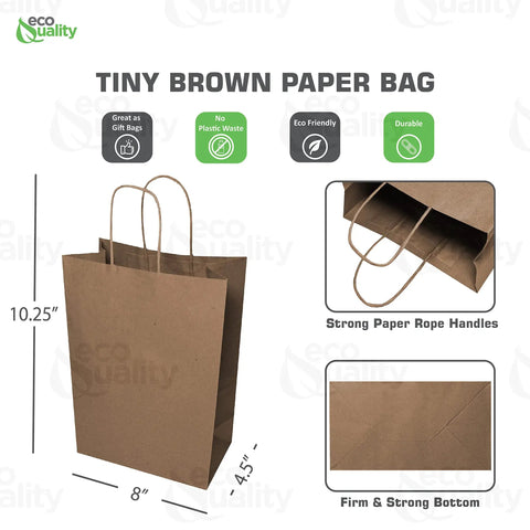 Super Handy Small Brown Kraft Paper Bags With Handles In A Bulk 500 Pack Made From Recycled Eco Friendly Material Perfect For Shopping Gifts Parties Merchandise Lunch Groceries And More Sized 8 By 4.5 By 10.25 Inches shown with strong paper rope handles and firm bottom