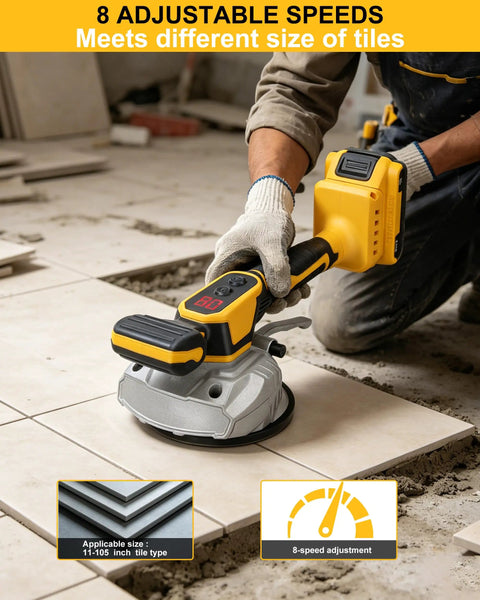 Tile Vibration Tool For 20V Battery With 8 Speed Leveling, Pro Grade Suction Cup, Digital Display, 25000 RPM, 150W in use on tiles