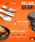All In One 11 Piece Camping Cookware Set With Stove And Adapter For Backpacking Hiking And Picnics utensils and pot detail