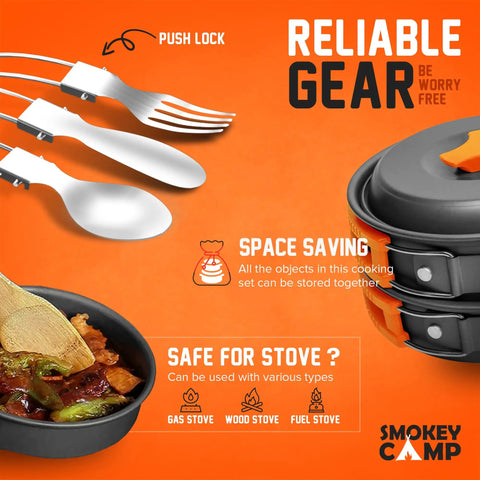 All In One 11 Piece Camping Cookware Set With Stove And Adapter For Backpacking Hiking And Picnics utensils and pot detail