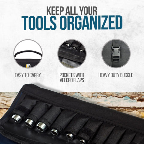 32 Pocket Tool Roll Organizer With 22 Pockets And 10 Socket Holders featuring easy carry handle and heavy duty buckle.