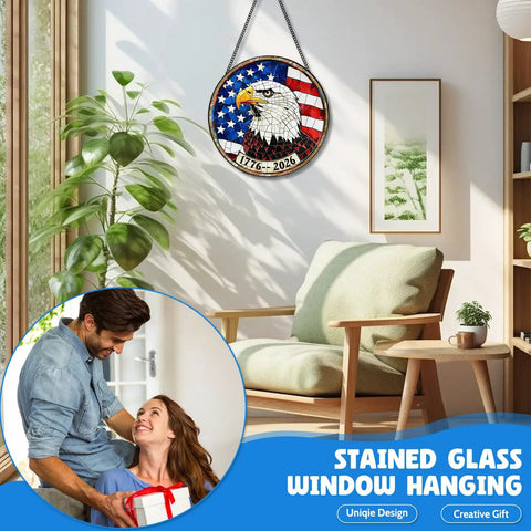 Stained Glass Window Hanging All American USA Eagle With Flag Sun Catcher Patriotic Ornament For Home And Garden Decor 7.8 In