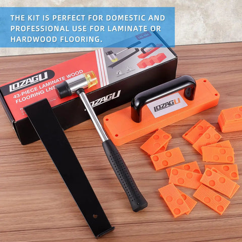 43-Piece Laminate Flooring Tools Kit For LVP And Vinyl Installations includes block, spacers, mallet with rubber grip handle.