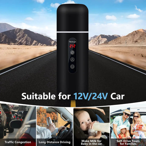 Road Trip Ready Car Kettle With 12V/24V Power Portable Hot Water Boiler shown on road background, black with digital display.