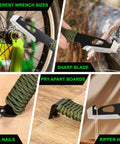 10 Inch EDC Pry Bar Multitool With Wrenches Crowbar Nail Puller Bottle Opener Chisel Blade Paracord Grip 10mm 13mm 16mm Wrenches Everyday Carry And Camping Must Have in use with bicycle, wood, rope, and nail applications.