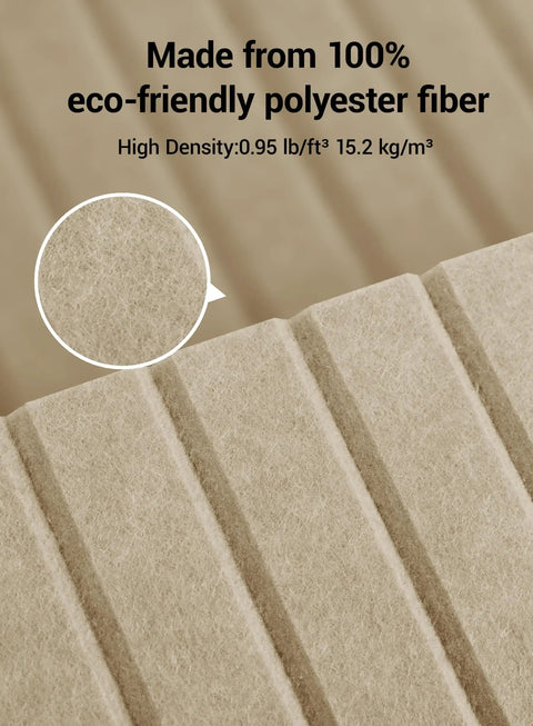 Close-up of Deep Camel Soundproof Wall Panels 12 Pack Self Adhesive Acoustic Foam Tiles 12X12 Inch Polyester Fiber texture.