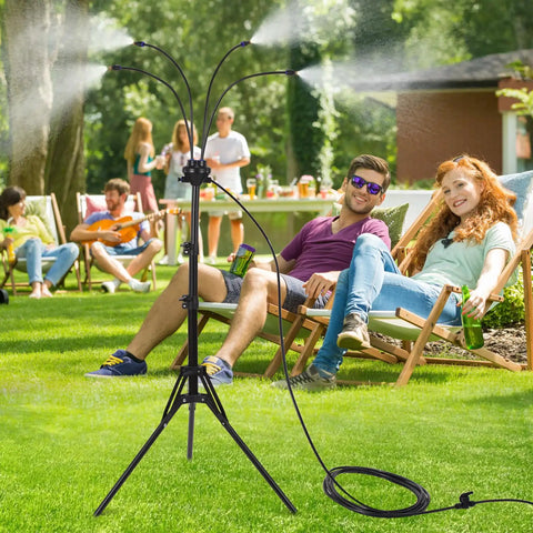 Adjustable Outdoor Misting System for Patio and Garden with 3.5 to 5.25 ft height, cooling mist in backyard setting