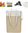 Two-Pack Slim Laundry Hampers Set in Beige and Khaki, collapsible fabric baskets, 15.2 x 7.5 x 23 inches, storing clothes, toys.