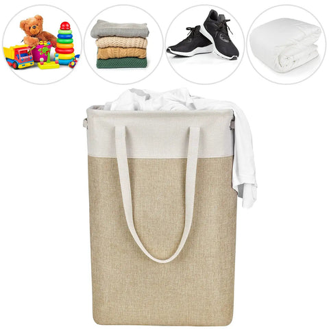 Two-Pack Slim Laundry Hampers Set in Beige and Khaki, collapsible fabric baskets, 15.2 x 7.5 x 23 inches, storing clothes, toys.