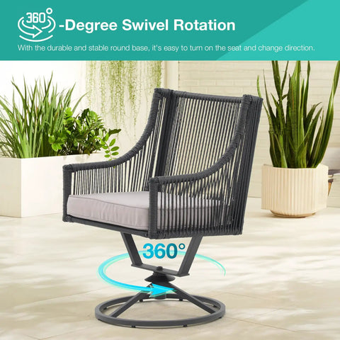 Outdoor Swivel Dining Chairs Set Of 2 With Cushions All Weather Wicker Patio Chairs with 360-degree swivel angle shown