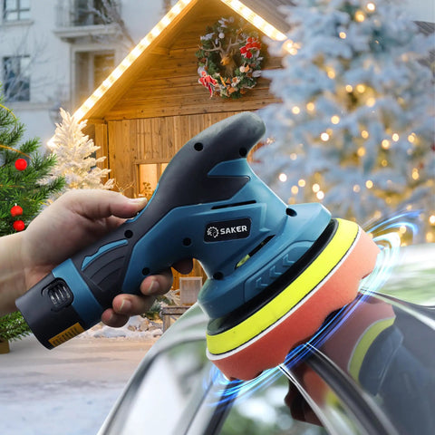 Person using Cordless Car Buffer Polisher 6 Inch Portable Waxer Kit With 2X2000mAh Batteries And 6 Variable Speeds Plus 16 Attachments
